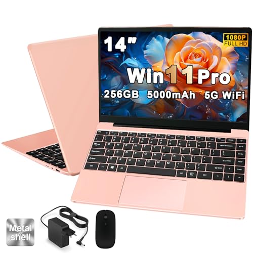 PC Portatile Computer Portatile Win11 Notebook 14 Pollici 6GB 256GB SSD Expansion 1TB, Laptop Celeron N4020 fino a 2.8GHz, 5000mAh 5G WiFi BT4.2 Supporto Mouse Wireless & Protezione Tastiera-Oro