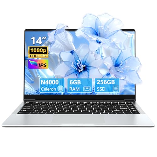 Portatile PC 14,1 pollici, Notebook Celeron N4000 6 GB RAM 256 GB SSD schermo girevole a 180°, Laptop con mini-HDMI, 2*USB 3.0, batteria da 5000mAh, computer PC sottile e leggero color argento