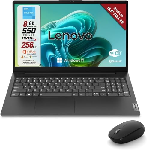 Lenovo Pc Portatile Notebook, Display Full HD da 15,6″, Cpu Intel N4500, Ram 8Gb, Ssd 256Gb, Windows 11 Pro, Office 2021 Pro Plus + Mouse Wireless, Pronto All’Uso, 82QY