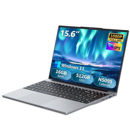 Notebook Win 11, 15,6 Pollici PC Portatile 16GB RAM 512GB SSD, Celeron N5095 CPU, Webcam+BT4.2+USB3.0, Laptop Digitale Tastiera Retroilluminata/Sblocco Impronta Digitale, 180° Flip IPS Schermo
