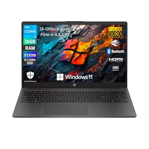 HP 250 G10, Intel Core i3-1315U 6 Core 4.5 Ghz, Computer portatile Notebook Display 15.6″ Full HD, Ram 16 GB DDR4-SDRAM 512 GB SSD, Wi-Fi 5, Windows 11 Pro