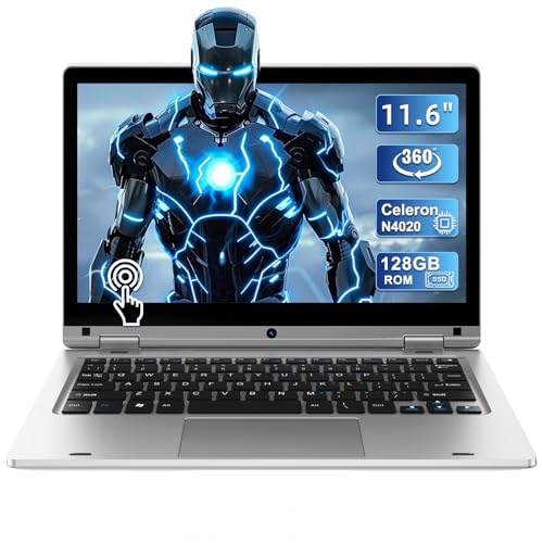 PC Portatile Touchscreen 11,6” con 6GB di RAM e 128GB di SSD, Notebook Celeron N4020, Pieghevole a 360°, WiFi, Bluetooth, IPS 1366×768, Espansione SD, Webcam, Mini HDMI, Computer Portatile – Argento